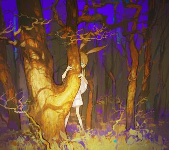 Rule 34 | 1girl, absurdres, amiya (arknights), amiya (young) (arknights), animal ears, arknights, bare tree, brown hair, chinese commentary, commentary request, dress, forest, full body, hiding, highres, long hair, looking at viewer, nature, night, outdoors, peeking out, rabbit ears, rabbit girl, solo, standing, tree, white dress, yolk (user sssk5878)