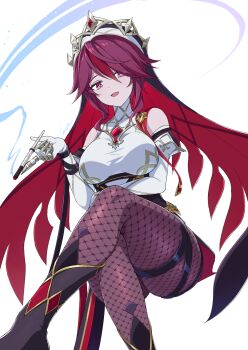 1girl black_shoes breasts cigarette cigarette_holder claw_ring commentary_request crossed_legs elbow_gloves feet_out_of_frame fishnet_pantyhose fishnets genshin_impact gloves hair_between_eyes highres holding holding_cigarette invisible_chair kamuraaa_615 large_breasts looking_at_viewer nun_headdress open_mouth pale_skin pantyhose purple_eyes purple_hair rosaria_(genshin_impact) shirt shoes short_hair sitting sleeveless sleeveless_turtleneck smile smoke smoke_trail solo thigh_strap turtleneck white_background white_gloves white_shirt