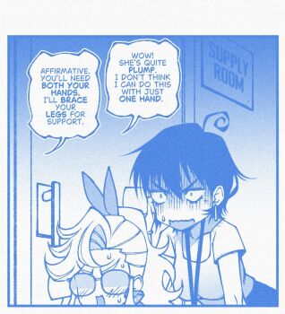 2girls ahoge blue_theme breasts choppy_bangs cup door earrings eavesdropping english_text glasses hair_between_eyes holding holding_cup jewelry lanyard medium_breasts mole mole_under_eye monochrome multiple_girls open_mouth original shirt short_hair speech_bubble studionice2011 surprised sweat talking