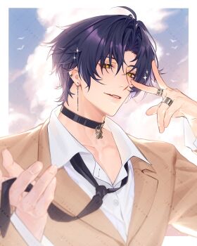 1boy asaba_harumasa black_choker black_hair black_necktie brown_jacket choker earrings highres jacket jewelry male_focus necktie rourouki shirt short_hair smile solo v v_over_eye white_shirt yellow_eyes zenless_zone_zero