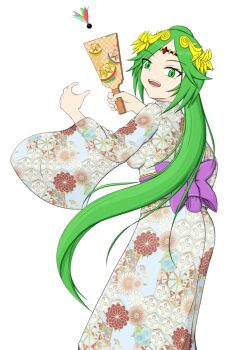 1girl absurdres alternate_costume alternate_hairstyle artist_request breasts curled_fingers curvy eyelashes female_focus floral_print floral_print_kimono forehead_jewel green_eyes green_hair hair_flaps hands_up happy head_chain high_ponytail highres holding holding_racket japanese_clothes jewelry kid_icarus kid_icarus_uprising kimono large_breasts laurel_crown long_hair long_sleeves looking_at_viewer looking_back matching_hair/eyes nintendo obi open_mouth palutena parted_bangs ponytail print_kimono purple_sash racket sash simple_background smile standing tiara very_long_hair white_background wide_sleeves