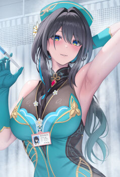1girl akano_murasaki aqua_gloves aqua_hat arm_behind_head arm_up armpits blue_eyes breasts closed_mouth commentary_request elbow_gloves gloves hair_between_eyes hair_intakes hand_up hat highres holding holding_syringe honkai:_star_rail honkai_(series) id_card lanyard large_breasts long_hair looking_at_viewer nurse_cap ruan_mei_(honkai:_star_rail) smile solo syringe upper_body variant_set