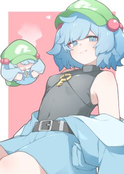 1girl :q backpack bag belt black_belt black_shirt blue_hair blue_shirt blue_skirt blush breasts ch00suke closed_mouth commentary_request compression_shirt covered_navel embarrassed green_bag green_hat hair_bobbles hair_ornament hat head_steam heart highres jewelry kawashiro_nitori key key_necklace long_hair looking_at_viewer multiple_views necklace open_mouth shirt short_hair skirt sleeveless sleeveless_shirt small_breasts smile tongue tongue_out touhou turtleneck turtleneck_shirt two_side_up