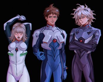 Rule 34 | 1girl, 2boys, ahoge, arms up, black background, black bodysuit, blue bodysuit, blue gloves, blunt bangs, bodysuit, breasts, brown eyes, brown hair, closed eyes, closed mouth, covered collarbone, cowboy shot, crossed arms, danganronpa (series), danganronpa 2: goodbye despair, frown, gloves, grey eyes, grey hair, hair between eyes, headgear, highres, hinata hajime, interface headset (evangelion), komaeda nagito, large breasts, light brown hair, lower teeth only, mecha pilot suit, medium hair, messy hair, multicolored bodysuit, multiple boys, nanami chiaki, neon genesis evangelion, open mouth, plugsuit (evangelion), science fiction, shiny clothes, short hair, teeth, tongue, verbartt, white bodysuit, yawning