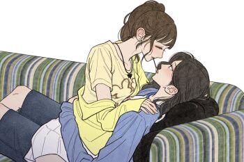 2girls black_hair brown_hair coach ear_piercing food food_in_mouth hand_on_another&#039;s_shoulder jewelry lying multiple_girls necklace original piercing pocky pocky_in_mouth pocky_kiss ponytail shared_food sitting sitting_on_lap sitting_on_person stuffed_toy yuri