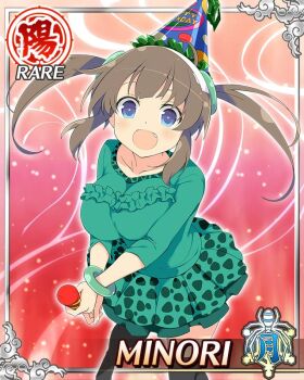 Rule 34 | 1girl, :d, blue eyes, boots, breasts, breasts squeezed together, brown hair, card (medium), character name, fang, game cg, green hair ornament, green shirt, hairband, hat, holding, holding party popper, large breasts, long hair, looking at viewer, minori (senran kagura), official art, open mouth, party hat, party popper, ring hair ornament, senran kagura, senran kagura new wave, shirt, smile, solo, thigh boots, third-party source, twintails, white hairband, yellow pupils