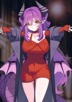 1girl absurdres black_coat black_horns blurry blurry_background breasts brown_eyes cleavage closed_mouth coat commentary_request covered_navel cowboy_shot depth_of_field detached_sleeves dragon_girl dragon_horns dragon_tail dragon_wings dress frown hair_between_eyes highres horns hug_invitation impossible_clothes impossible_sweater korean_commentary large_breasts long_bangs long_sleeves mwahbiing open_clothes open_coat outstretched_arms parted_bangs pointy_ears purple_wings raised_inner_eyebrows red_sweater ribbed_sweater sakihane_huya sleeves_past_wrists solo spread_arms standing stellive strapless sweater sweater_dress tail virtual_youtuber wings