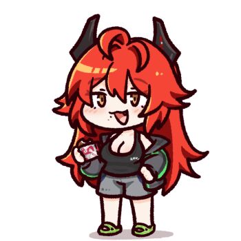 1girl :d alternate_costume antenna_hair bare_shoulders black_jacket black_tank_top breasts cleavage collarbone commentary concha_(mamecha) crocs deformed double-parted_bangs fang food food_on_face full_body goddess_of_victory:_nikke grey_shorts hair_between_eyes hair_flaps holding holding_food horns jacket large_breasts long_hair long_sleeves mechanical_horns off_shoulder open_mouth red_hair red_hood_(nikke) shadow shorts sidelocks simple_background smile solo standing tank_top very_long_hair white_background yellow_eyes