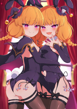 2girls animal_ears ashita_(sound_voltex) ass bemani black_leotard blonde_hair blurry blurry_background blush bow braid breasts cape cawol_(sound_voltex) covered_navel curtains fake_animal_ears fake_tail fang garter_straps gloves hat highres indoors leotard lida_vv long_hair looking_at_viewer mini_hat mini_top_hat multiple_girls open_mouth orange_hair playboy_bunny purple_eyes rabbit_ears rabbit_tail skin_fang small_breasts smile sound_voltex strapless strapless_leotard tail thigh_strap thighhighs tongue top_hat twin_braids wings