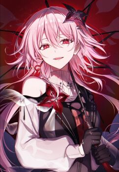 1girl 723/nanahumi :d asymmetrical_sleeves black_flower dress earrings evernight_(honkai:_star_rail) flower gloves hair_between_eyes hair_flower hair_ornament hairclip hashtag-only_commentary highres holding holding_umbrella honkai:_star_rail honkai_(series) jewelry layered_dress long_hair looking_down march_7th_(honkai:_star_rail) mismatched_sleeves open_mouth parallel_hairclips pink_hair red_eyes red_flower ring single_bare_shoulder single_earring smile teeth umbrella upper_teeth_only very_long_hair