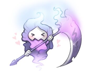 Rule 34 | > <, blue fire, blush, caesty, chibi, chibi only, commentary request, dated commentary, fire, flaming weapon, full body, glint, heart, holding, holding scythe, korean commentary, lowres, nexon, official art, pastel colors, purple fire, rubesto daimon, scythe, simple background, tales weaver, weapon, white background