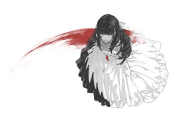 Rule 34 | 1girl, dark-skinned female, dark skin, dress, elbow gloves, fate/strange fake, fate (series), from above, full body, gloves, greyscale, hair ribbon, half updo, highres, long hair, looking at viewer, monochrome, psp41, ribbon, solo, spot color, tine chelc, white background