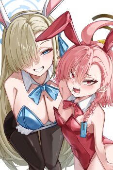 2girls absurdres ahoge animal_ear_hairband animal_ears asuna_(blue_archive) asuna_(bunny)_(blue_archive) asymmetrical_hair black_halo blue_archive blue_bow blue_bowtie blue_eyes blue_halo blue_leotard bow bowtie braid breasts cleavage detached_collar fake_animal_ears gloves hair_over_one_eye hairband halo highres huge_ahoge large_breasts leotard long_hair mahoro_(minase_mahoro) mole mole_under_each_eye mole_under_eye multiple_girls multiple_moles neru_(blue_archive) neru_(bunny)_(blue_archive) official_alternate_costume oversized_breast_cup pantyhose pink_hair playboy_bunny rabbit_ears red_eyes single_braid strapless strapless_leotard white_gloves
