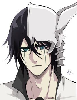 1boy black_hair bleach blue_eyes closed_mouth coat expressionless facial_mark hair_between_eyes half_mask highres hishui_prpr looking_at_viewer male_focus mask short_hair solo ulquiorra_cifer upper_body white_background white_coat