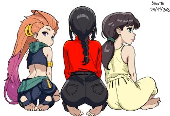 3girls ass barefoot black_hair braid chainsaw_man closed_mouth crossover curious denim disney dress feet green_eyes jeans kneeling league_of_legends lips loli long_hair looking_ahead looking_at_viewer looking_back looking_to_the_side medium_hair melody_(disney) multicolored_eyes multicolored_hair multiple_girls nayuta_(chainsaw_man) pants pink_eyes pink_hair red_hair red_shirt shirt shouttakun simple_background sitting tagme the_little_mermaid_(disney) watermark white_background yellow_dress zoe_(league_of_legends)