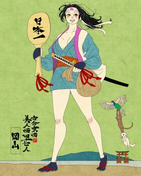 1girl absurdres animal annotated artist_logo bird black_hair black_socks blue_kimono breasts brown_eyes cleavage dog full_body hair_ribbon headband highres japanese_clothes katana kimono logo long_hair monkey obi ocean okayama_prefecture open_mouth original outdoors pheasant red_sash ribbon sack sandals sash sei5osuzuki sheath sheathed short_kimono socks solo standing sword tabi teeth torii upper_teeth_only weapon white_ribbon zouri