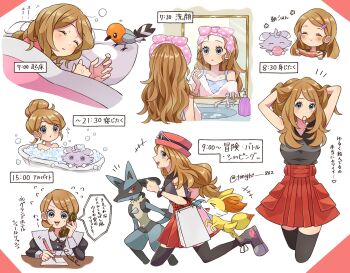 1girl bag bath bathtub bed black_thighhighs blanket blonde_hair blue_eyes blue_tank_top blush breasts closed_eyes closed_mouth commentary_request dressing eating espurr eyewear_on_headwear fennekin fletchling food gen_4_pokemon gen_6_pokemon hair_bun hair_tie_in_mouth hairband hat highres holding holding_bag holding_pen long_hair lucario mirror mouth_hold nintendo open_mouth pajamas paper pen phone pillow pink_hat pink_pajamas pokemon pokemon_(creature) pokemon_xy rain_(tonight_862) red_hat red_skirt serena_(pokemon) shirt shopping_bag sink skirt sleeping sleeveless sleeveless_shirt smile soap soap_bubbles speech_bubble sunglasses talking_on_phone tank_top thighhighs towel translation_request tying_hair under_covers waitress water white-framed_eyewear writing