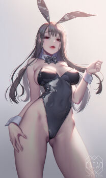 1girl absurdres animal_ears artist_logo artist_name black_bow black_bowtie black_hair black_leotard bow bowtie breasts clenched_hand commentary_request covered_erect_nipples detached_collar fake_animal_ears fingernails floating_hair gluteal_fold grey_background hair_behind_ear half-closed_eyes hand_on_own_thigh highres leotard logo long_fingernails looking_down love_cacao medium_breasts open_mouth original playboy_bunny rabbit_ears red_eyes solo thighs wrist_cuffs