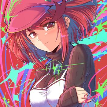 1girl black_sweater cat_with_a_brush chest_jewel earrings glint hat highres jewelry pink_hat pyra_(xenoblade) red_background red_eyes red_hair short_hair solo sparkle sweater upper_body xenoblade_chronicles_(series) xenoblade_chronicles_2