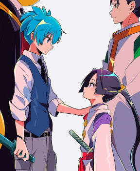 Rule 34 | ansatsu kyoushitsu, black hair, blue eyes, blue hair, creator connection, green eyes, hakama, hakama pants, hat, holding, holding knife, houjou tokiyuki (nige jouzu no wakagimi), japanese clothes, katana, knife, koro-sensei, kunugigaoka middle school uniform, long hair, long sleeves, male focus, multiple boys, necktie, nige jouzu no wakagimi, pants, ponytail, purple eyes, sanamaru (sana79261827), school uniform, shiota nagisa, shirt, short hair, smile, suwa yorishige (nige jouzu no wakagimi), sword, tentacles, very long hair, weapon, white background, wide sleeves