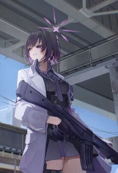 1girl absurdres armband assault_rifle black_hair blue_archive breasts coat gloves grey_shirt gun halo highres jacket megu_(jim48834420) necktie purple_eyes purple_hair purple_halo purple_necktie rifle shirt short_hair solo subaru_(blue_archive) weapon white_coat white_jacket