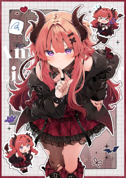 1girl absurdres anna_(ikeuchi_tanuma) black_boots black_jacket blush boots brown_pantyhose closed_mouth commentary_request demon_girl demon_horns demon_tail dotted_line fishnet_pantyhose fishnets fold-over_boots grid_background hair_between_eyes hand_up highres horns ikeuchi_tanuma index_finger_raised jacket knee_boots long_hair looking_at_viewer multiple_views nail_polish off_shoulder open_clothes open_jacket original outline pantyhose pink_nails plaid_clothes plaid_skirt purple_eyes red_hair red_skirt single_leg_pantyhose skirt small_sweatdrop spoken_squiggle squiggle sweat tail torn_clothes torn_pantyhose v-shaped_eyebrows very_long_hair white_outline