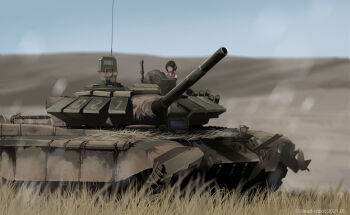 Rule 34 | 1girl, 2021, antenna, artist name, blue eyes, blue hair, camouflage, dead-robot, grass, hat, hill, military hat, military vehicle, motor vehicle, original, outdoors, russian, russian ground forces, short hair, t-72b3, tank, tank gun, tank top, caterpillar tracks, tank turret, vehicle