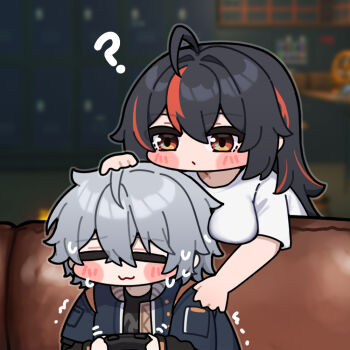 1girl ? ahoge behind_another black_hair black_shirt blue_jacket closed_eyes confused controller couch from_behind game_controller gamepad grabbing_from_behind grey_hair hand_on_another's_head hand_on_another's_shoulder jacket ldd.ek long_hair multicolored_hair open_mouth orange_eyes red_hair red_streaks shirt short_sleeves sitting streaked_hair sweatdrop wavy_mouth white_shirt wise_(zenless_zone_zero) zenless_zone_zero zhu_yuan