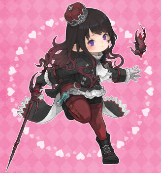 Rule 34 | 1girl, ascot, black hair, black jacket, black shoes, blush, closed mouth, commentary, commission, crown, english commentary, eyebrows hidden by hair, final fantasy, final fantasy xiv, flat chest, floating, full body, gradient hair, highres, holding, holding sword, holding weapon, jacket, lalafell, long hair, looking at viewer, mini crown, multicolored hair, pink background, pointy ears, puluie, purple eyes, red hair, red mage (final fantasy), red thighhighs, shoes, solo, sword, thighhighs, warrior of light (ff14), weapon, white ascot