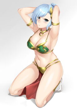 1girl armband arms_behind_head arms_up bikini blue_eyes blush breasts cleavage collarbone cosplay embarrassed green_bikini grey_background hair_bun higher_resolution_available highres kneeling large_breasts looking_at_viewer lulu-chan92 princess_leia princess_leia_(cosplay) rooster_teeth rwby silver_hair single_hair_bun slave socks star_wars swimsuit white_hair white_legwear winter_schnee