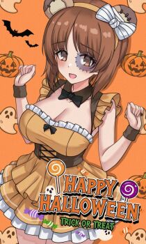 1girl aadka5 animal_ears bat_(animal) bear_ears black_bow blush bow breasts brown_eyes brown_hair dress fake_animal_ears feet_out_of_frame ghost girls_und_panzer halloween halloween_costume happy_halloween highres jack-o&#039;-lantern large_breasts long_sleeves looking_at_viewer nishizumi_miho open_mouth orange_dress pumpkin short_hair solo standing