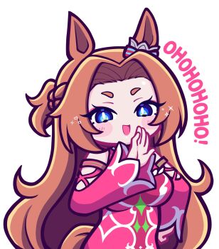 1girl animal_ears aya_chan1221 bare_shoulders blue_eyes blush bow braid breasts brown_hair commentary commission curtained_hair detached_sleeves dress ear_bow english_commentary half_up_half_down_braid highres horse_ears horse_girl horse_tail kawakami_princess_(princess_of_pink)_(umamusume) kawakami_princess_(umamusume) large_breasts laughing long_hair looking_at_viewer ojou-sama_pose open_mouth pink_dress pink_sleeves sleeveless sleeveless_dress smile solo tail umamusume vgen_commission