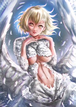 1girl absurdres blonde_hair breasts chimera dungeon_meshi falin_touden falin_touden_(chimera) feathered_wings feathers hair_around_ear highres looking_at_viewer monster_girl navel slit_pupils van_franzen white_feathers wings yellow_eyes