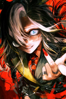 1girl absurdres animal_ears blue_eyes brown_hair commentary dream_journey_(reminder_of_dreamland)_(umamusume) dream_journey_(umamusume) eyelashes fingernails glasses grin hair_over_one_eye highres horse_ears horse_girl jewelry lapels long_fingernails looking_at_viewer nail_polish red_background red_nails rimless_eyewear ring seapall smile solo umamusume upper_body white_hair