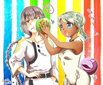 1boy 1girl bindi blue_eyes braid chuchumy dark_skin fish fishbowl goldfish green_hair gundam gundam_g_no_reconguista haro harobe klim_nick long_hair nobell raraiya_monday rinnya smile