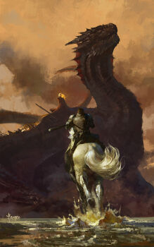 1boy 1girl a_song_of_ice_and_fire armor artist_name bayard_wu breastplate charging_forward cloud cloudy_sky commentary daenerys_targaryen dragon drogon english_commentary facing_away fantasy game_of_thrones highres horns horse horseback_riding jaime_lannister open_mouth orange_sky outdoors painterly pauldrons realistic riding riding_dragon sharp_teeth shoulder_armor sky tail teeth water western_dragon wide_shot wings yellow_eyes
