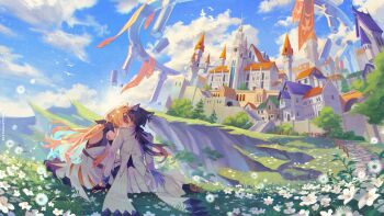 Rule 34 | 2girls, absurdres, animal ears, bird, black gloves, blonde hair, blue sky, blush, building, castle, cat ears, cliff, clip studio paint (medium), cloud, coat, commentary, day, dress, english commentary, fantasy, flower, gloves, grass, highres, kiss, long hair, meadow, moca354, multiple girls, on ground, original, outdoors, sitting, skirt, sky, tree, white coat, white dress, white flower, white skirt, yuri