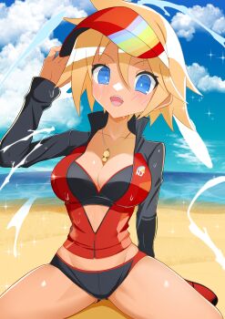1girl absurdres beach blonde_hair blue_eyes breasts cleavage cloud cloudy_sky disgaea disgaea_rpg highres jacket jacket_over_swimsuit looking_at_viewer nijino_piyori octpus rainbow seiza shoes short_hair sitting sky sweat swimsuit tan visor_cap whistle