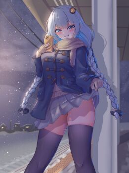 1girl black_jacket black_thighhighs blue_eyes blue_skirt blush braid cellphone clothes_lift hair_ornament hatyomugi00 holding holding_phone jacket kizuna_akari long_hair night outdoors phone scarf skirt skirt_lift smartphone smile smug snow solo standing sweater thighhighs train_tracks twin_braids voiceroid white_hair zettai_ryouiki