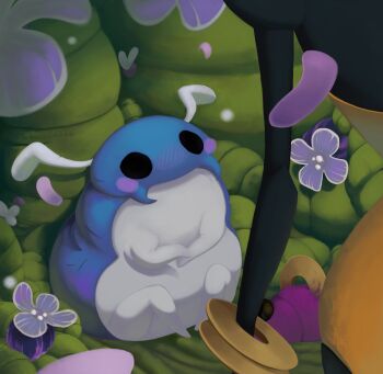 1girl arthropod_girl black_eyes black_skin blush bug chocobokko colored_skin flower highres hollow_knight hollow_knight:_silksong looking_at_another shakra_(hollow_knight) sitting standing