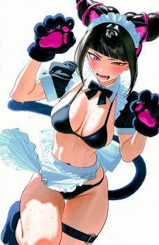 abs ai-generated animal_ears awkward awkward_pose bikini cat_ears cat_girl cat_tail embarrassed han_juri hoshino_akarii humiliation looking_at_viewer maid maid_headdress muscular muscular_female street_fighter sweat swimsuit tail toned toned_female