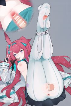 1girl absurdres after_anal animal_ears anus aqua_hairband aqua_nails arknights ass bar_censor bdsm black_gloves black_necktie black_shirt bondage bound breasts censored cervix checkered_background closed_mouth commentary commission cross-section cum cum_in_ass disembodied_penis disembodied_tongue emotionless_sex expressionless fingerless_gloves gloves hair_tie hairband highres invisible_man jacket legs_up licking licking_foot long_hair long_sleeves lying medium_breasts missionary mouth_hold multicolored_jacket nail_polish navel necktie nipples official_alternate_costume on_back open_clothes open_jacket panties panties_in_mouth pantyhose penis pink_hair purple_eyes pussy rabbit_ears rabbit_girl ray_(arknights) ray_(dreaming_high)_(arknights) restrained sex shirt simple_background single_ear_down skirt solo_focus sticker sticker_on_face stomach thighs torn_clothes torn_pantyhose twintails two-tone_jacket underwear unworn_panties uterus v vaginal veins veiny_penis very_long_hair white_jacket white_pantyhose wl217_(nicexa111)