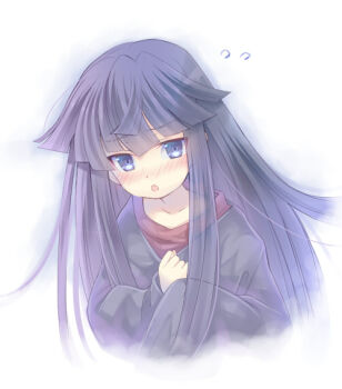 Rule 34 | 1girl, akatsuki (log horizon), blue eyes, blush, collarbone, female focus, floating hair, log horizon, long hair, long sleeves, looking at viewer, open mouth, purple hair, simple background, solo, soukuu kizuna, upper body, very long hair, white background