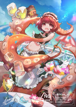 1girl alcohol apron beer beer_mug blue_sky blush burger cloud cloudy_sky cocktail commentary_request commission cup dessert drinking_straw flat_chest flower food frilled_apron frills fruit highres holding holding_burger holding_cup holding_food lens_flare looking_at_viewer maid maid_apron maid_headdress medium_hair menu minksama monster_girl mug navel open_mouth original red_eyes red_hair scylla sidelocks signature skeb_commission sky solo strawberry suction_cups swept_bangs swimsuit tentacle_arm tentacle_hair tentacles unconventional_maid waist_apron watermark white_apron