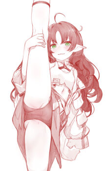1girl :3 ahoge arknights black_panties dwarf flexible green_eyes id_card jacket kneepits leg_lift leg_up long_hair long_sleeves monochrome myrtle_(arknights) navel nurami_(shouji) open_clothes open_jacket panties pointy_ears simple_background sleeves_past_fingers sleeves_past_wrists smile solo split spot_color standing standing_on_one_leg standing_split tank_top underwear white_background white_jacket white_tank_top