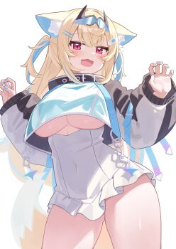 1girl absurdres animal_ears blonde_hair blue_hair breasts commentary deaver dog_ears dog_girl dog_tail fuwawa_abyssgard highres hololive hololive_english jacket large_breasts long_sleeves looking_at_viewer multicolored_hair open_mouth red_eyes solo tail thighs two-tone_hair underboob virtual_youtuber white_jacket