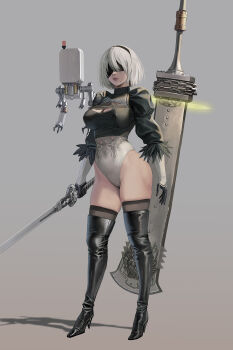 1girl 2b_(nier:automata) black_boots black_gloves black_hairband black_shirt blindfold boots breasts chain commentary covered_erect_nipples covered_eyes english_commentary facing_viewer feather-trimmed_sleeves floating floating_object floating_sword floating_weapon full_body gloves grey_background hair_between_eyes hairband high_heel_boots high_heels highleg highleg_leotard highres holding holding_sword holding_weapon jeneral juliet_sleeves katana large_breasts leotard lips long_sleeves mole mole_under_mouth nier:automata nier_(series) open_mouth pod_(nier:automata) puffy_sleeves redrawn shadow shirt short_hair simple_background standing sword teeth thigh_boots thighhighs two-tone_gloves upper_teeth_only weapon white_gloves white_hair white_leotard