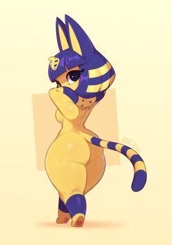 1girl animal_crossing animal_ears ankha_(animal_crossing) ass blue_hair cat_ears cat_girl cat_tail completely_nude from_behind full_body furry furry_female highres huffslove looking_at_viewer looking_back nintendo nude pear-shaped_figure solo standing tail thick_thighs thighs wide_hips yellow_background yellow_fur