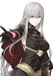 Rule 34 | 1girl, black gloves, breasts, gloves, hair between eyes, highres, long hair, mik blamike, military uniform, parted lips, red eyes, selvaria bles, senjou no valkyria, senjou no valkyria (series), senjou no valkyria 1, sheath, sheathed, simple background, solo, sword, uniform, upper body, weapon, white background, white hair