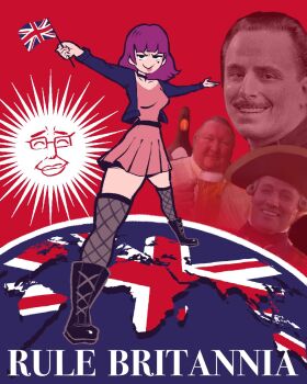 1girl 4boys 4chan :p alcohol amelia_(pathways) atomiksaico barry_63_(meme) beer belt bicorne bird black_belt black_boots black_collar boots breasts british_empire character_request chudjak collar commentary crossover cup dress drink earth_(planet) english_commentary english_text evil_smile feathers_mcgraw fishnet_thighhighs fishnets flag full_body globe hat highres holding holding_cup holding_drink holding_flag jacket jitome legs_apart map medium_hair meme mole mole_under_eye multiple_boys multiple_crossover open_clothes open_jacket oswald_mosley outstretched_arms pathways_(game) penguin photo_inset pink_dress planet politics purple_hair purple_jacket real_life red_background red_sky sanpaku short_dress sky smile smug spread_arms standing sun_with_face the_rhodes_colossus thighhighs thighs tongue tongue_out turning_head union_jack united_kingdom wallace_&amp;_gromit